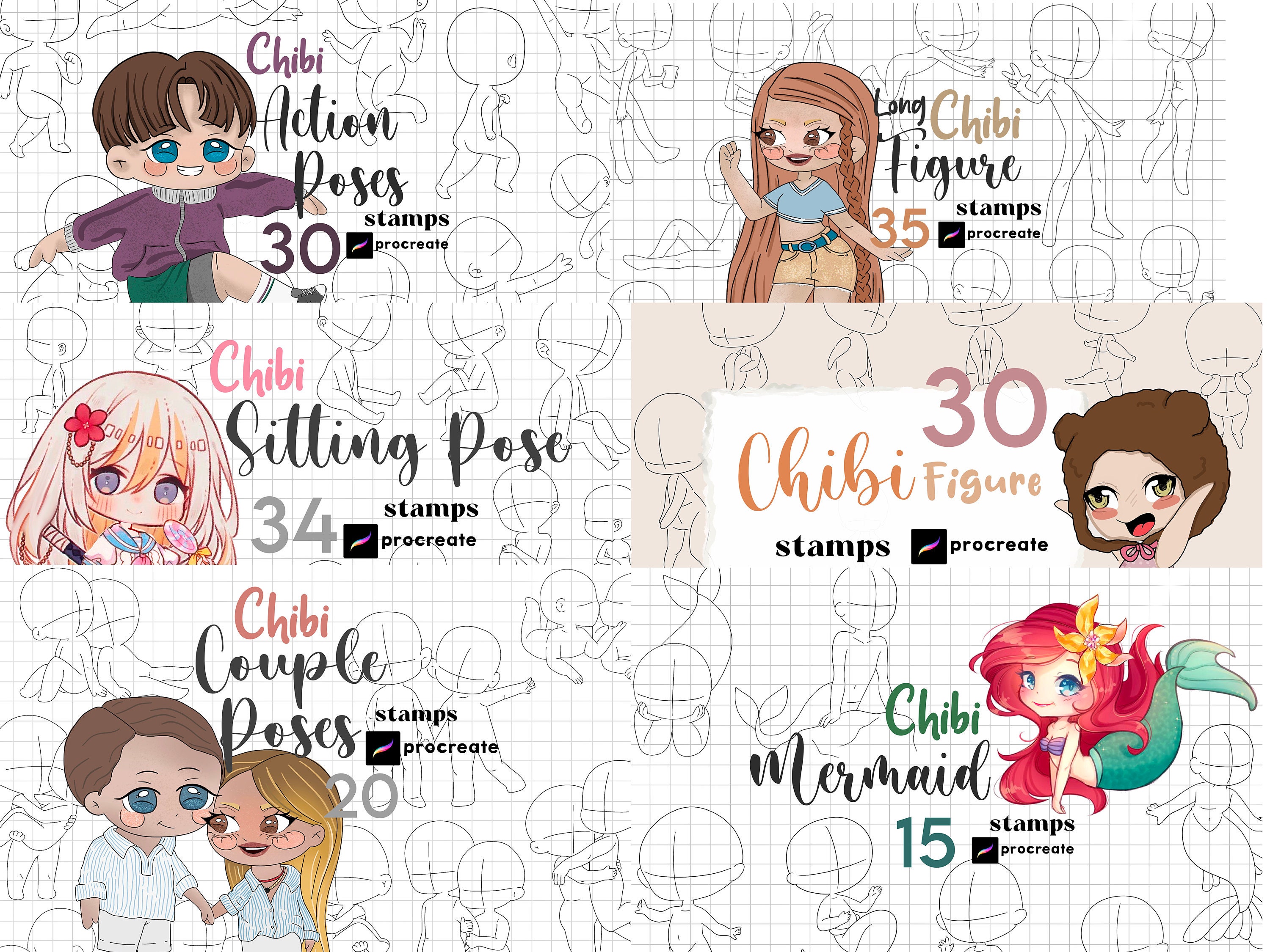 Procreate Chibi Stamps : Kawaii Chibi Base Pose Cartoon Body Guides ...