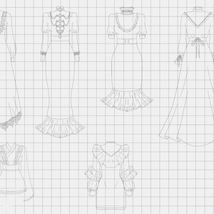 以下が含まれることがあります： 6種類のドレスの線画。長袖のレースのディテールが施されたロングガウン、フリルの裾が付いたドレス、フリルの袖が付いた短いドレスなど、ドレスのスタイルは様々です。デザインはグリッドの背景にあります。