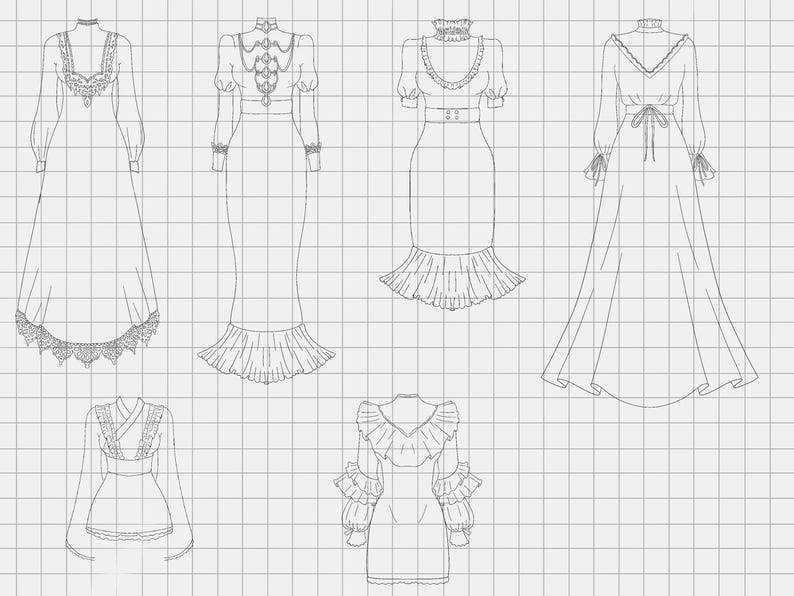 以下が含まれることがあります： 6種類のドレスの線画。長袖のレースのディテールが施されたロングガウン、フリルの裾が付いたドレス、フリルの袖が付いた短いドレスなど、ドレスのスタイルは様々です。デザインはグリッドの背景にあります。