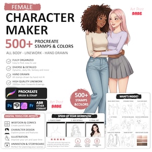 May include: A digital art product titled "FEMALE CHARACTER MAKER" with over 500 Procreate stamps and colors. The image features two illustrated women, and includes tools for webtoons, character design, illustration, and animation.
