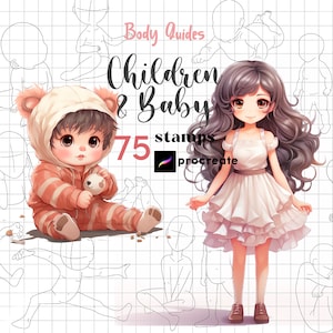 Pincel para sellos de poses para niños de Procreate 75 Guías para el cuerpo de niños de Procreate Bebés, niños pequeños Dibujo Anatomía Cuerpo Figura de personaje de Procreate