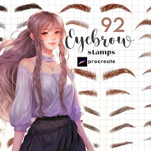 May include: Digital illustration featuring a woman with long brown hair and a white and purple blouse. The image showcases 92 eyebrow stamps for Procreate, with various shapes and shades of brown. The text "92 Eyebrow stamps procreate" is displayed.