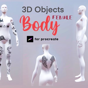 Puede incluir: Modelo 3D de un cuerpo femenino para usar en la aplicación Procreate. El modelo se muestra de frente, de espaldas y de lado. El modelo tiene tatuajes en los brazos, las piernas y la espalda.