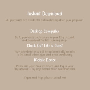 Op de afbeelding: Tekstuele instructies op een beige achtergrond die uitleggen hoe je digitale aankopen van Etsy kunt downloaden. De tekst bevat de zinnen "Direct downloaden", "Desktopcomputer", "Uitchecken als gast", "Mobiel apparaat" en "Etsy-account".