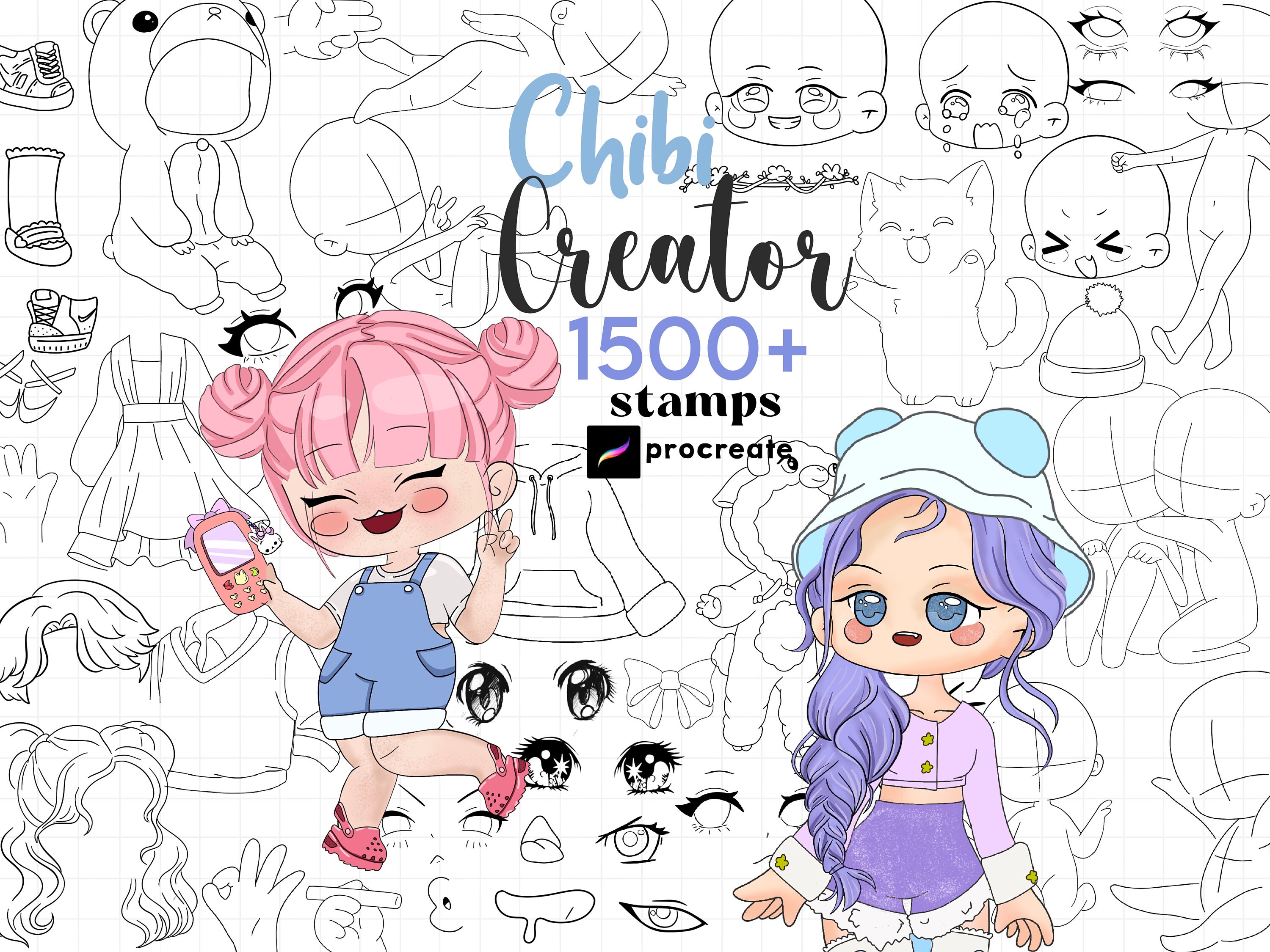 Procreate Chibi Creator XXL – Set de pinceles sello: 1500+ bases, rostros, ojos, cabello y ropa para personajes de anime/manga