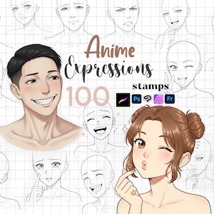 Könnte beinhalten: Digitales Kunstwerk mit Anime-Charakterausdrücken. Das Bild zeigt einen lächelnden männlichen Charakter und einen zwinkernden weiblichen Charakter, umgeben von verschiedenen Gesichtsausdrücken. Der Text lautet "Anime Expressions 100 stamps".