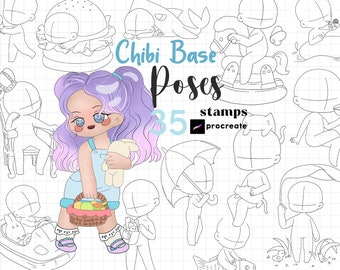 Procreate Chibi Stamps : Chibi Body Guides Cartoon Pose Kawaii Base Drawing Reference Brushes