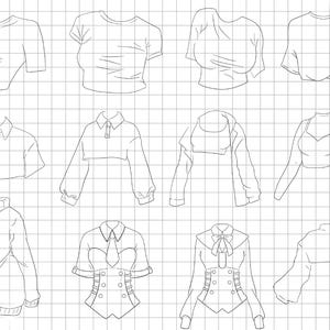 以下が含まれることがあります： 12種類のトップスがグリッド状に並んだイラスト。Tシャツ、クロップトップ、ポロシャツ、セーター、コルセット風トップスなど。デザインはシンプルで、色や影はなく、ファッションデザインやイラストに適しています。