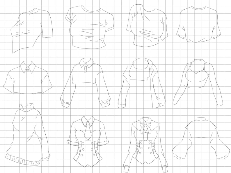 以下が含まれることがあります： 12種類のトップスがグリッド状に並んだイラスト。Tシャツ、クロップトップ、ポロシャツ、セーター、コルセット風トップスなど。デザインはシンプルで、色や影はなく、ファッションデザインやイラストに適しています。
