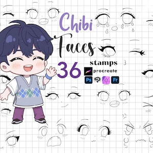 Procreate Chibi Faces Brush : 36 Kawaii Expression Cartoon Emotes Chibi Eye Stamps