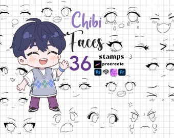 Procreate Chibi Faces Brush : 36 Kawaii Expression Cartoon Emotes Chibi Eye Stamps