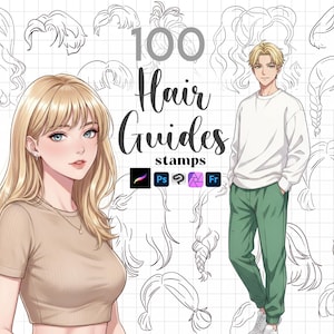 May include: An illustration showing a woman and a man with blonde hair, alongside outlines of different hairstyles. The text reads "100 Hair Guides stamps". Software icons are also displayed.