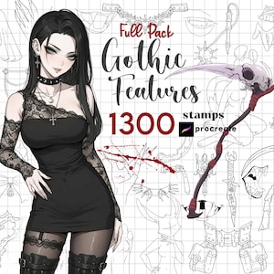May include: Digital art featuring a woman in a black dress with lace sleeves, a choker, and a cross necklace. The image includes the text "Full Pack Gothic Features 1300 stamps procreate" and various gothic-themed illustrations.