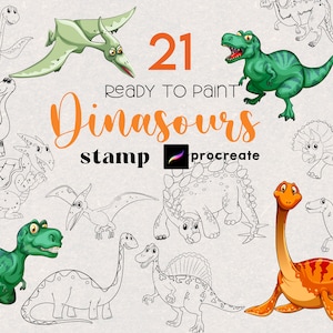 Sello de dinosaurio Procreate para niños, páginas para colorear de Procreate, dibujos animados de animales para niños, pintura artística para colorear de animales para niños