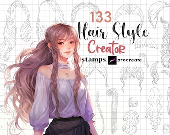 Pode incluir: 133 selos Hair Style Creator para Procreate. Uma ilustração digital de uma mulher com cabelo comprido e trançado. A imagem inclui uma grade de vários contornos de penteados.