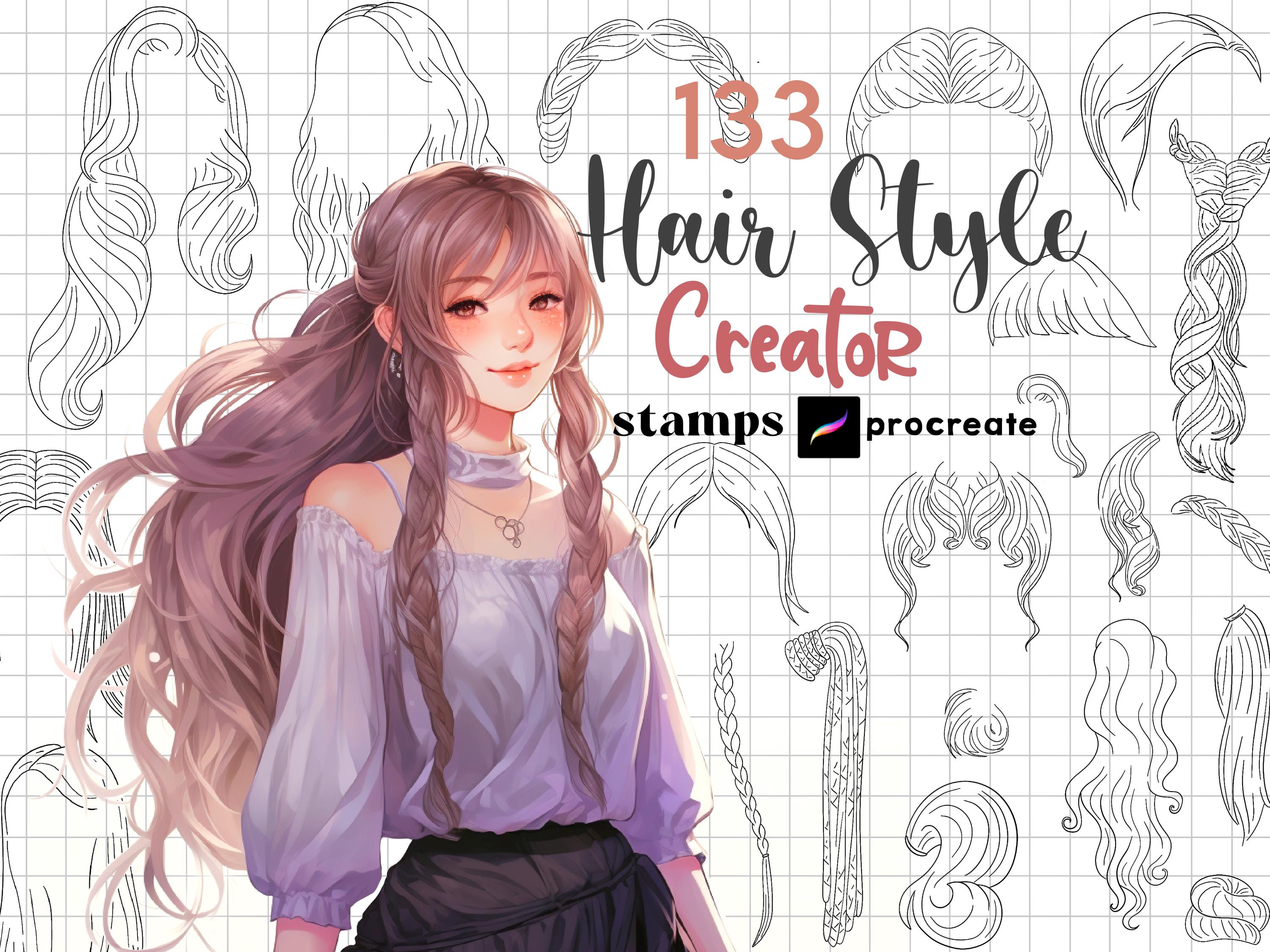 Pinceaux tampons cheveux anime pour Procreate (130) – Créateur de coiffures Chibi & Kawaii pour personnages manga