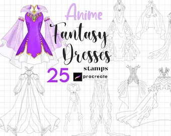 Procreate Fantasy Dress Stamps 25 Anime Dress Brushes Elf Dress Maker Procreate Anime Clothes Girl Middle Earth Dresses Manga Princess Dress