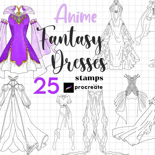 Procreate Fantasy Dress Stamps 25 Anime Dress Brushes Elf Dress Maker Procreate Anime Clothes Girl Middle Earth Dresses Manga Princess Dress