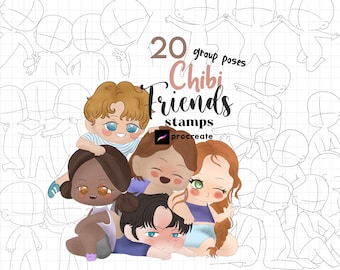 May include: 20 group poses for drawing chibi friends. The poses are in a variety of styles, including standing, sitting, and hugging. The poses are designed to be used with Procreate.