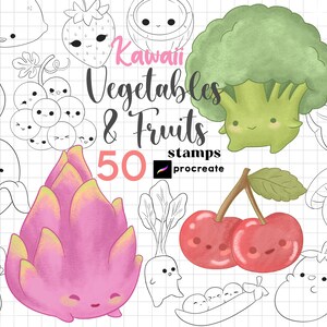 Sellos de comida kawaii de Procreate 50 Chibi de Procreate Personajes kawaii lindos Chibi de frutas y verduras dibujados a mano Dibujos animados de anime de Procreate