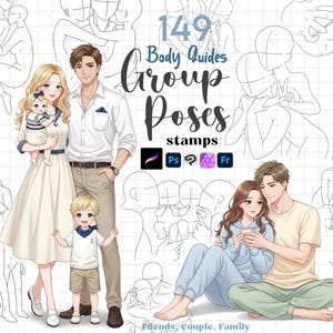 Pozycja grupowa Procreate: Anime, para, przyjaciele, manga, ludzie, anatomia, ciało, przewodniki, pędzle do Photoshopa