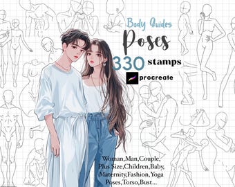Procreate Anime Stamps : Manga Body Anatomy Reference Poses Woman Man Baby Children Couple Brushes