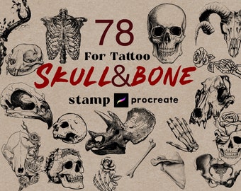 May include: 78 black and white skull and bone illustrations for tattoo designs. The illustrations are in a vintage style and include a variety of skulls, bones, and other anatomical elements. The text "For Tattoo Skull & Bone stamp procreate" is also included in the image.