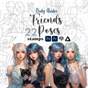 Photoshop Anime Grupo Poses Carimbo 22 Amigos Clip Studio Paint Fresco Affinity Pro Pincéis Guia Corpo Psd Mangá Personagem Figura Amigo Pose