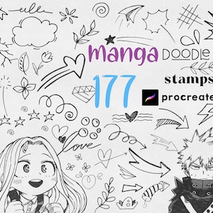 May include: A set of 177 manga doodle stamps for Procreate. The stamps feature a variety of hand-drawn designs, including hearts, stars, arrows, and speech bubbles. The stamps are perfect for adding a touch of whimsy to your digital art.
