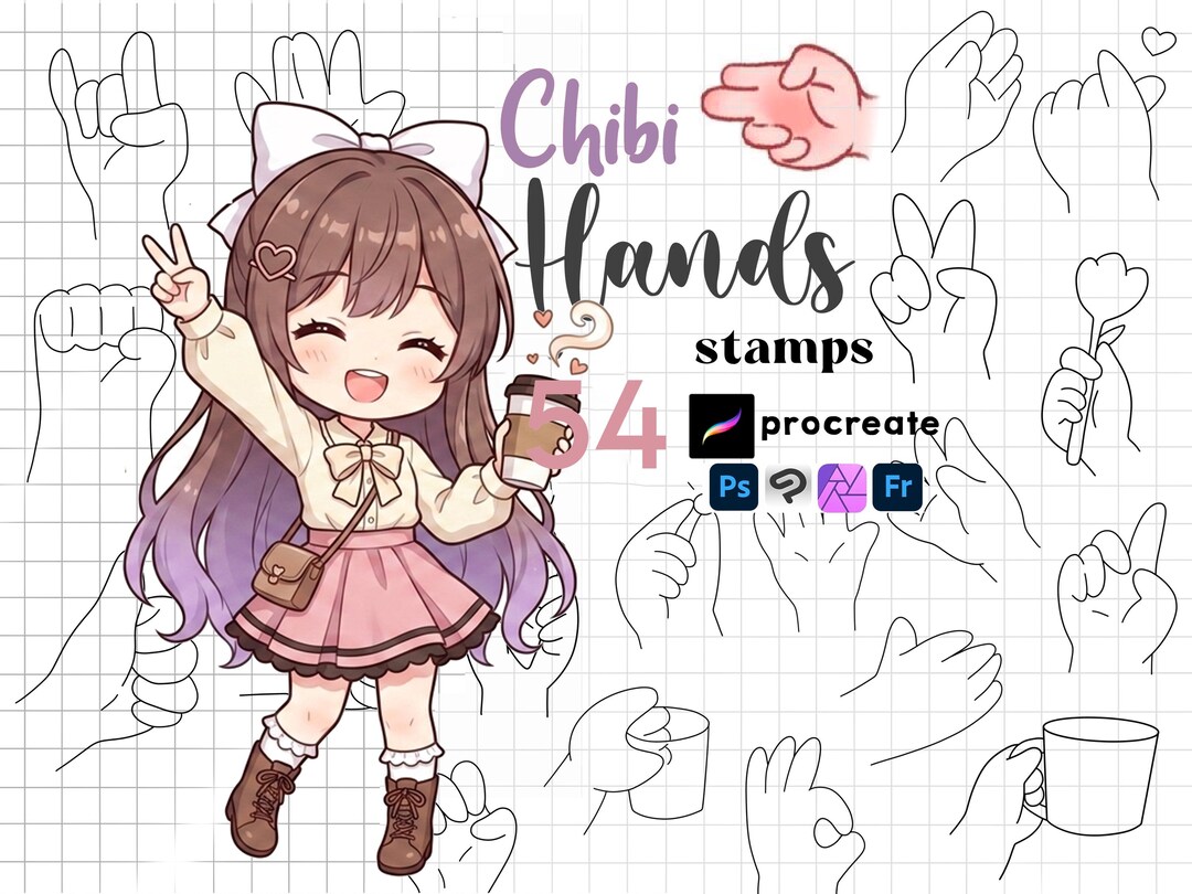 Procreate Chibi Hand Stamps : 54 Chibi Maker Kawaii Gesture Drawing ...