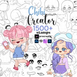 May include: Digital art illustration set titled "Chibi Creator" with over 1500 stamps. The image features two cartoon characters, various clothing options, and facial expressions. The image also includes the Procreate, Photoshop, and French software logos.