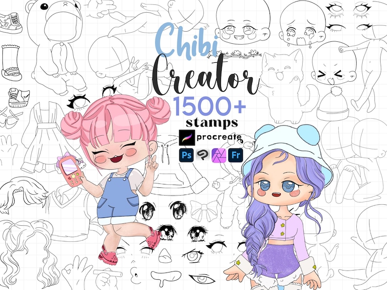 Chibi Maker Stamps : 1500 Procreate Kawaii Character Base Brushes ...