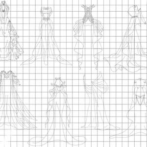 Op de afbeelding: Lijntekening van acht verschillende jurkdesigns met zwierige rokken en mouwen. De jurken zijn getekend op een geruit achtergrond.