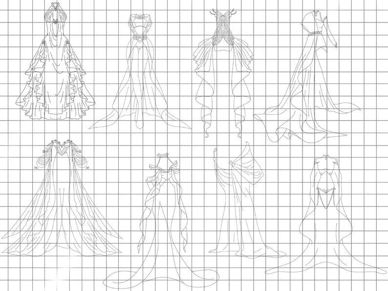 Op de afbeelding: Lijntekening van acht verschillende jurkdesigns met zwierige rokken en mouwen. De jurken zijn getekend op een geruit achtergrond.