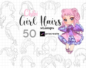 Procreate Chibi Hair Stamps : Kawaii Girl Hairs Brushes Cartoon Character Manga Hairsytle Brushes