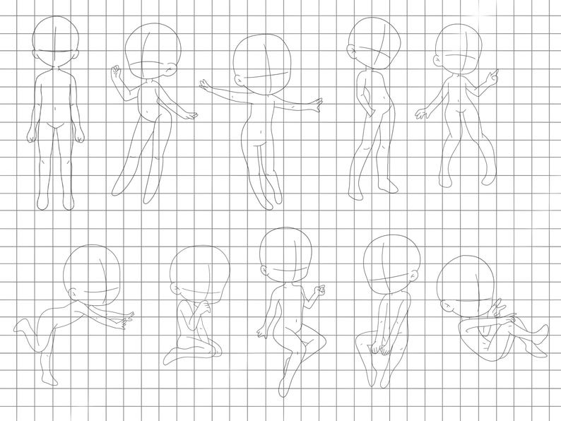 Procreate Chibi Pose Stamps : Chibi Body Base Guides ABR Photoshop Clip ...