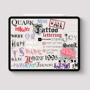 Procreate - Paquete completo de fuentes para tatuajes Sello Más de 30 letras fáciles de escribir Pincel Cuadrícula Tipo Texto Tatuaje Gótico Oldschool Escritura Garabato Arte Digital Mano