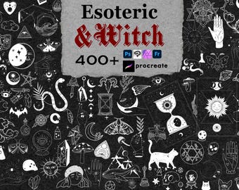 May include: A digital collection of over 400 white line art illustrations on a black background, featuring esoteric and witch-themed symbols like moons, snakes, cats, skulls, crystals, hands, moths, and tarot-style imagery with the text Esoteric & Witch.