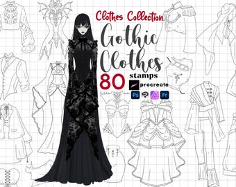 May include: A digital collection of 80 Gothic Clothes stamps for Procreate, Photoshop, and other software. The image features a central figure in a black lace gown surrounded by various black and white line art sketches of clothing designs.