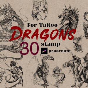 Procreate Dragon Stamps – Tattoopinsel Schlange, Dinosaurier & Fabelwesen, Fantasy Line Art