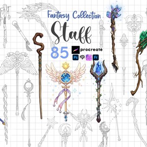 May include: An assortment of fantasy-themed staff designs, some colored and some outlined in black. The image includes the text "Fantasy Collection Staff 85 Procreate". The staffs feature various designs, including crystals, wings, and ornate details.