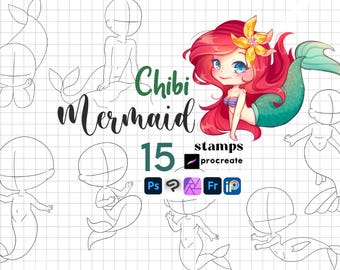 Chibi Stamps voortplanten: zeemeermin cartoon kawaii kleuring photoshop clip studio krita brushset