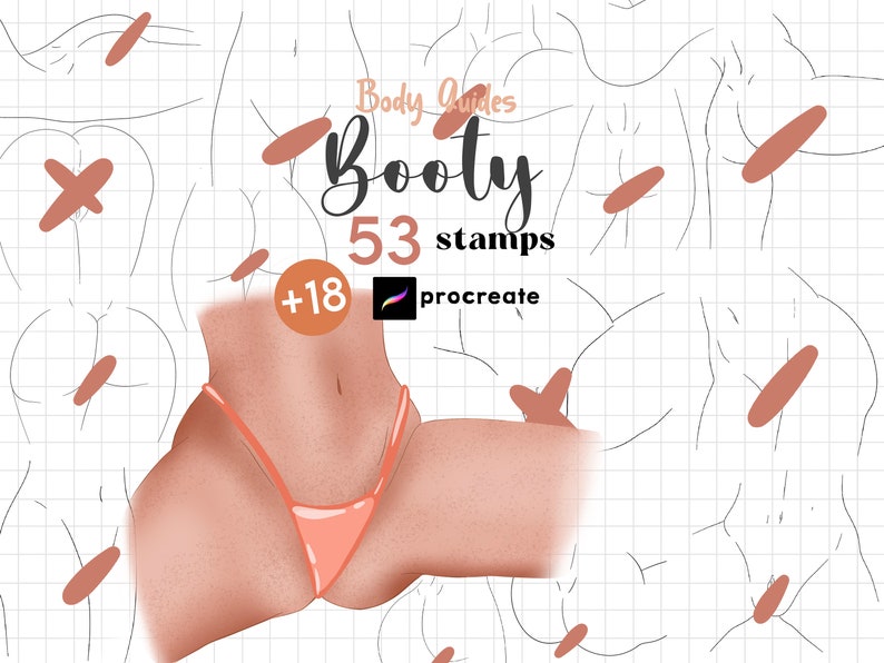 K&ouml;nnte beinhalten: Digitale Kunststempel f&uuml;r Procreate mit K&ouml;rperf&uuml;hrungen mit dem Wort "Booty" in einer stilisierten Schriftart. Das Bild enth&auml;lt einen pfirsichfarbenen String und den Text "53 stamps" und "+18".