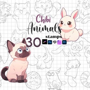 Procreate Chibi Animal Stamps : Kawaii Animals Photoshop Clip Studio Paint Fresco Affinity Brushes
