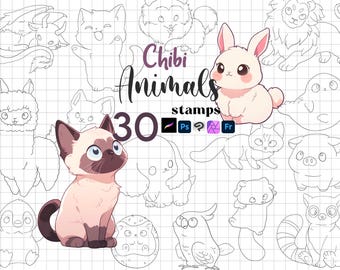 Procreate Chibi Animal Stamps : Kawaii Animals Photoshop Clip Studio Paint Fresco Affinity Brushes