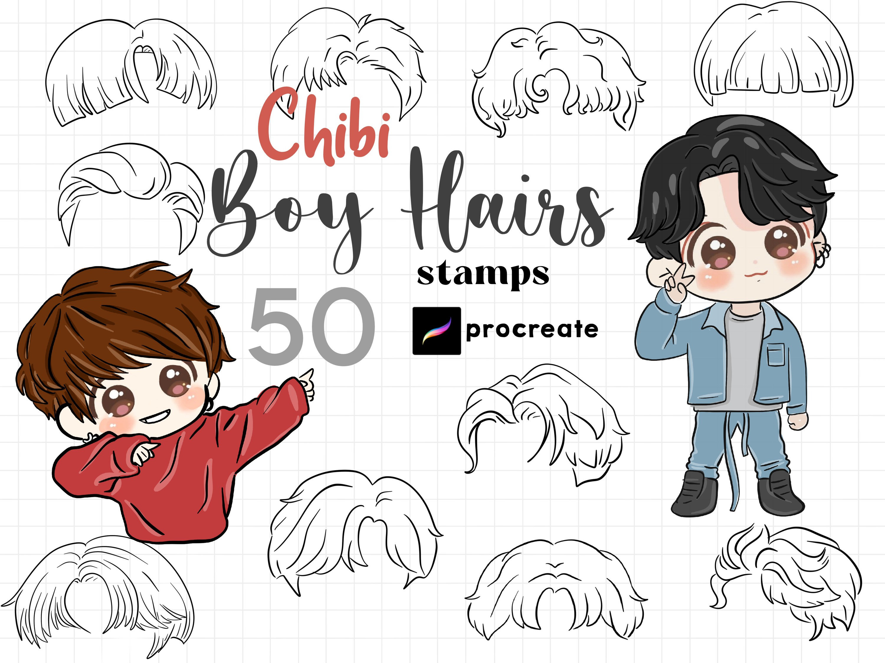 Procreate Chibi Boy Hair Stamp Brushes 50 Chibi Hair Brushes