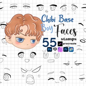 May include: Digital art asset featuring a collection of 55 chibi boy face stamps. The image includes a cartoon boy's head with blue eyes and various facial expressions. The text "Chibi Base Boy Faces" is displayed in blue and black.