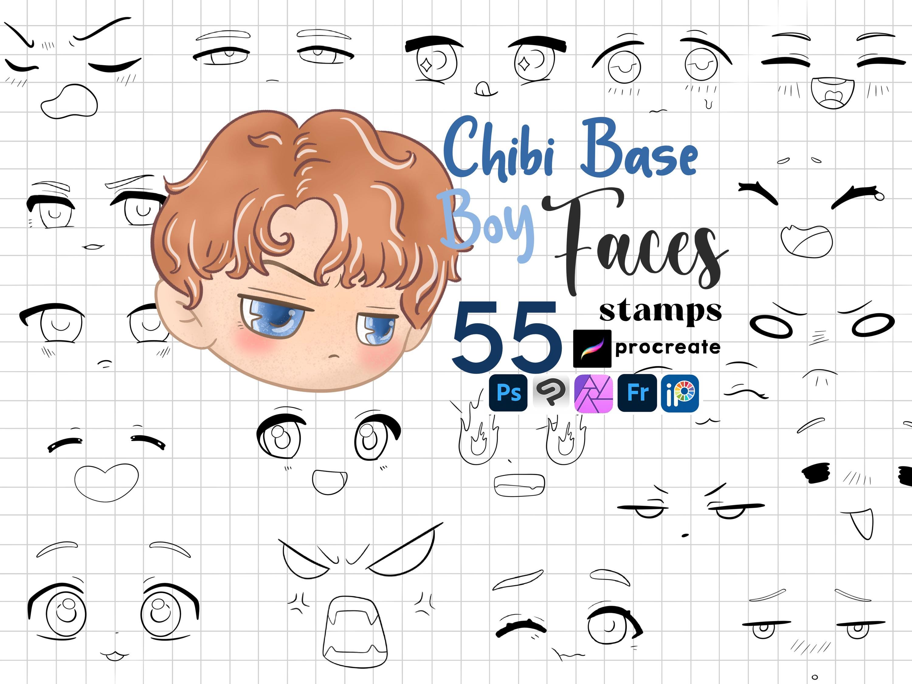 Procreate Chibi Boy Face Stamps – 55 Expressive Emotes Brushset for Anime, Kawaii, Manga & Clip Studio