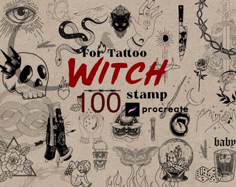 Puede incluir: Un conjunto de 100 sellos con temática de brujas para Procreate, con varios símbolos ocultos. El diseño incluye una calavera, una serpiente, manos y el texto "For Tattoo Witch". La paleta de colores es principalmente negro y rojo sobre un fondo beige.