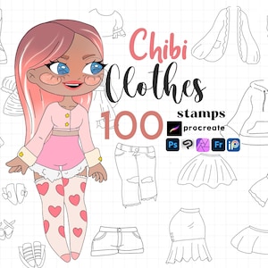 Chibi Clothing Stamps: Procreate, Photoshop, Clip Studio Paint ABR Kawaii Girl Outfit (Digital Brushset)